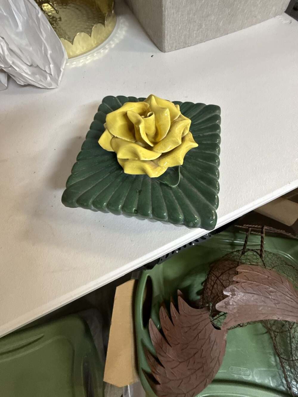 Vintage California Pottery Lidded Trinket Box Green Yellow Rose